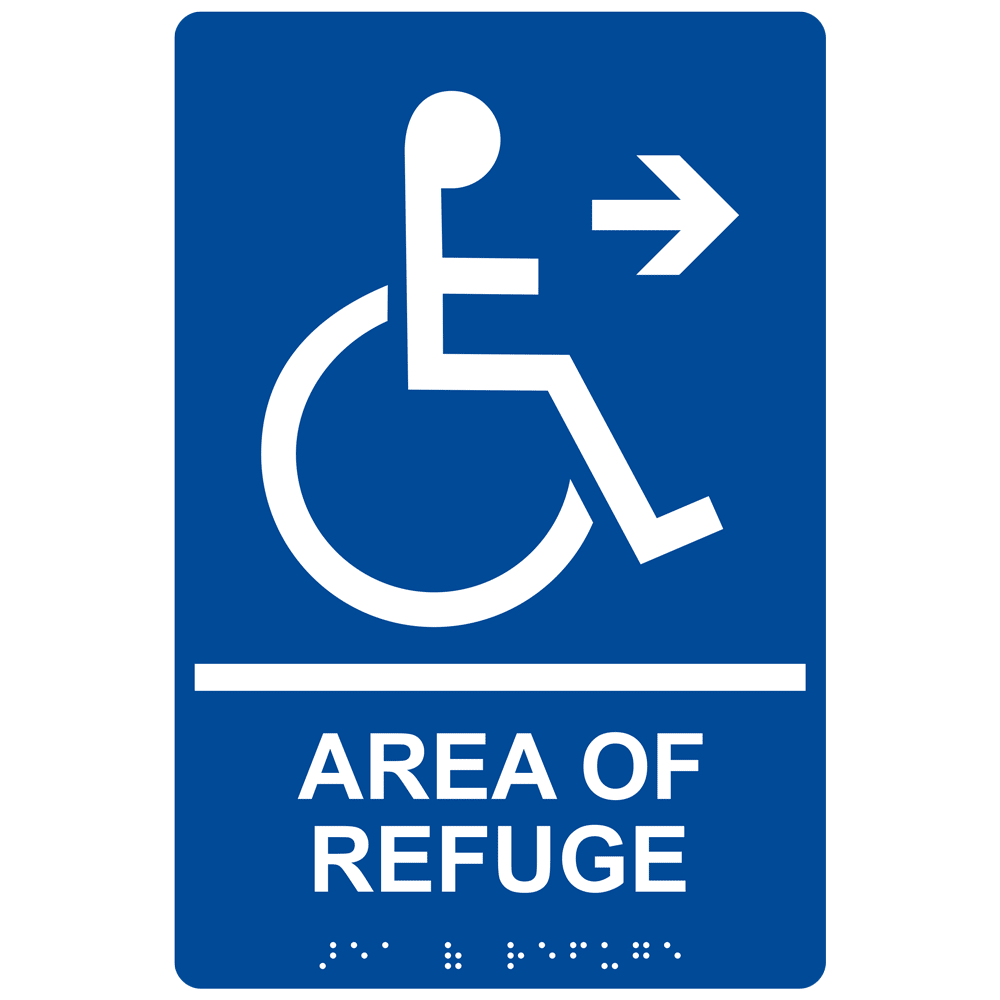 Blue ADA Braille Accessible AREA OF REFUGE Right Sign, 9x6 in. Acrylic