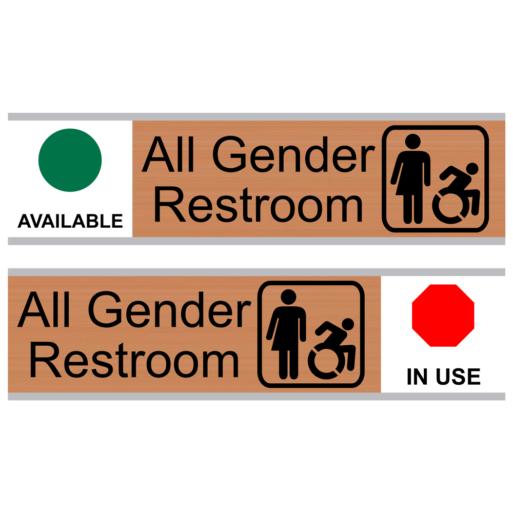 Sliding All Gender Restroom Available In Use Engraved Sign With