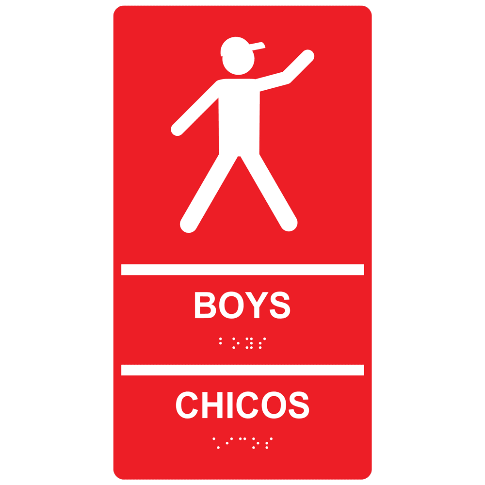 ADA Boys Chicos Bilingual Braille Sign RRB-155_WHTonRed