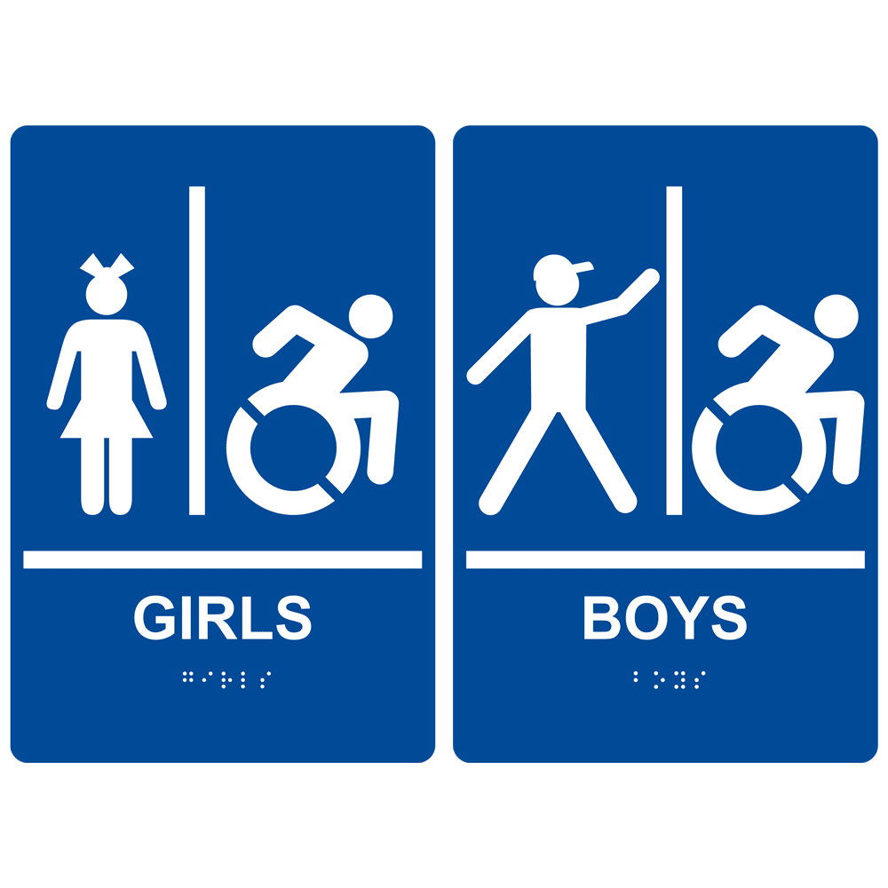 9x6 in Wheelchair Accessible Childrens Restroom Sign Blue ADA Braille 