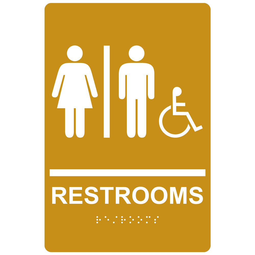 ADA Restrooms With Symbol Braille Sign RRE115_WHTonGLD Restrooms