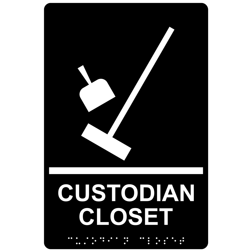 Black ADA Braille Custodian Closet Sign With Symbol