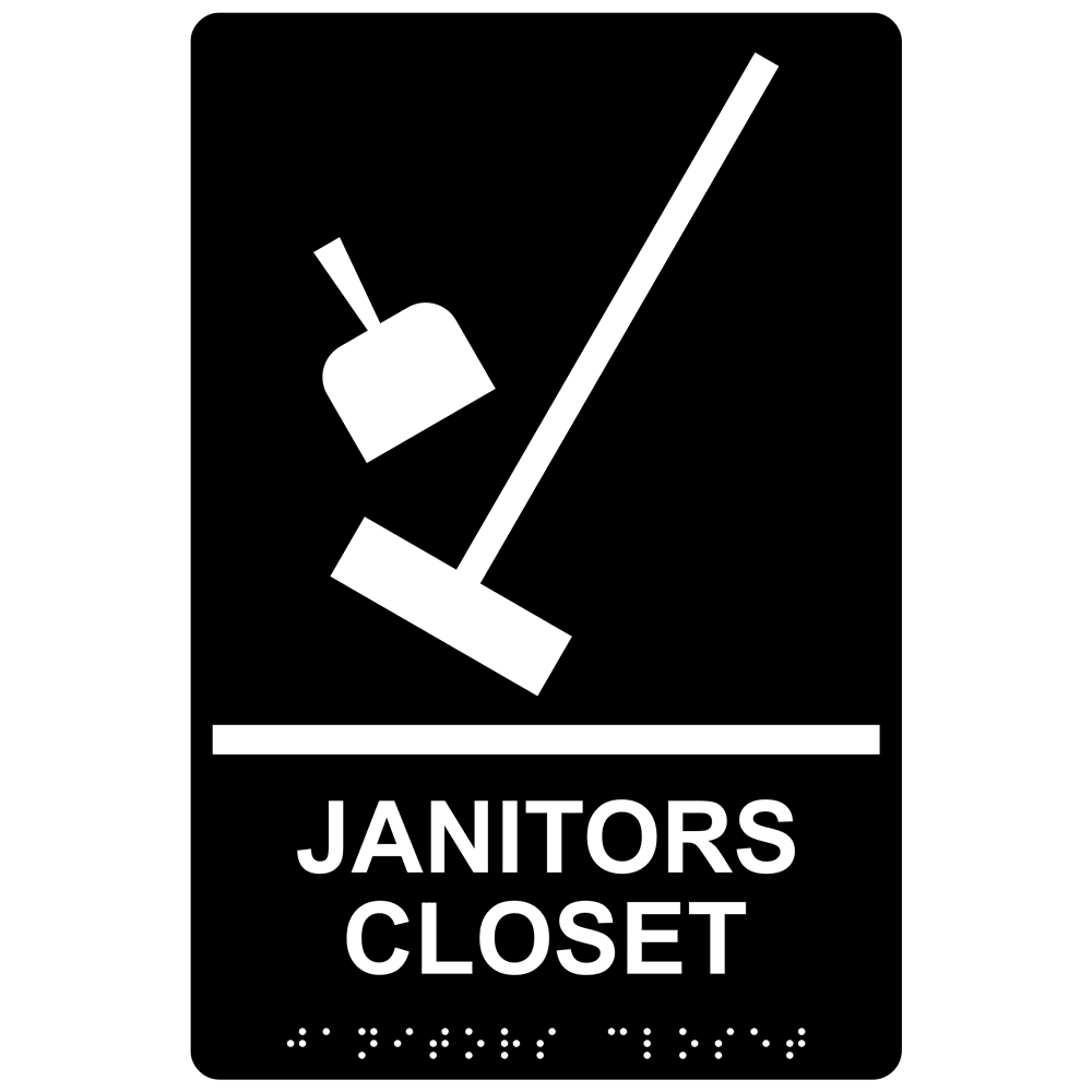 Black ADA Braille Janitors Closet Sign With Symbol