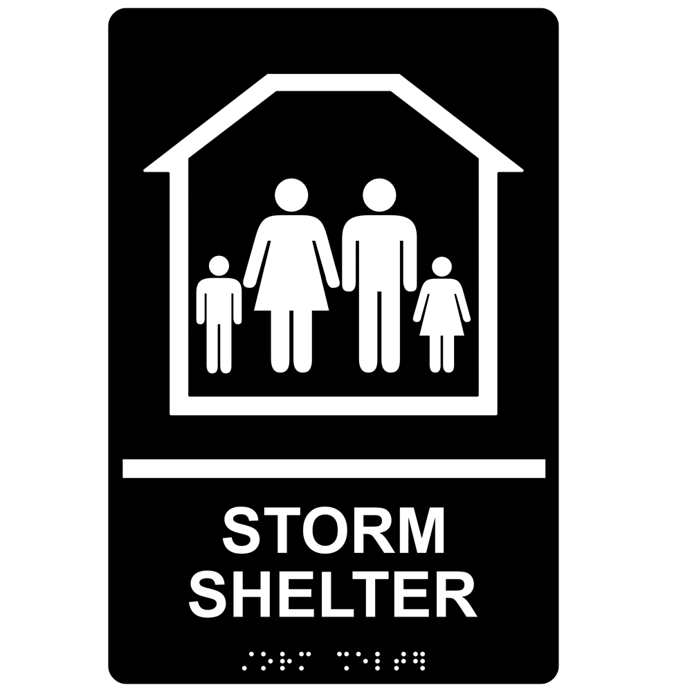 ADA Storm Shelter With Family Symbol Braille Sign RRE-14836_WHTonBLK