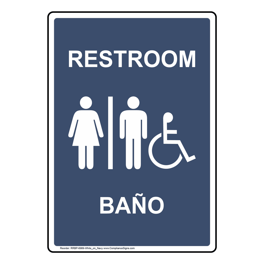 Restroom - Baño Sign With Symbol RRBP-6989-WHTonNavy Restrooms