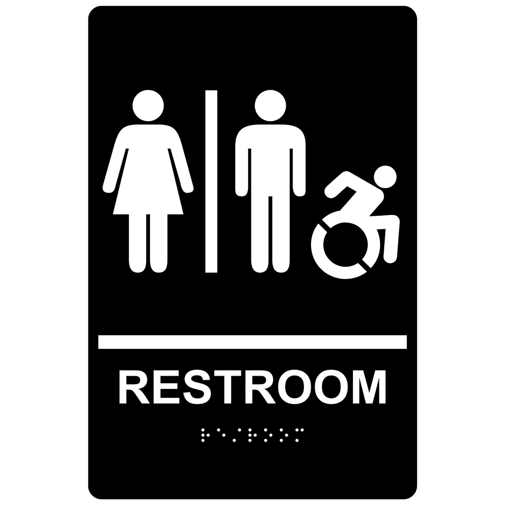 Braille Restroom Sign With Dynamic Accessibility Symbol RRE-120R_WHTonBLK