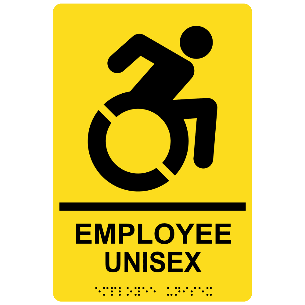 Yellow Employee Unisex Restroom Braille Sign With Dynamic Accessibility Symbol Rre R Blkonylw