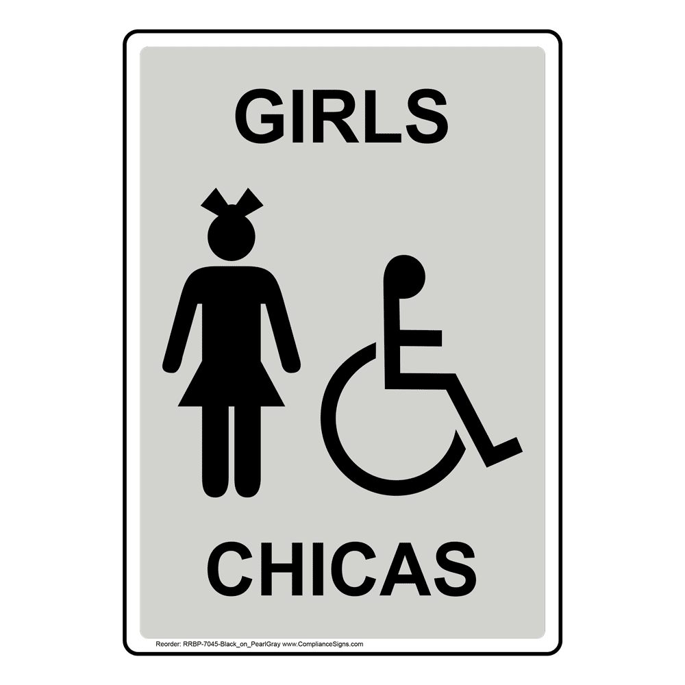 Portrait Pearl Gray Accessible GIRLS - CHICAS Sign With Symbol  RRBP-7045-Black_on_PearlGray