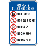 Property Rules Enforced No Alcohol Cell Phones Drugs Sign PKE-15249