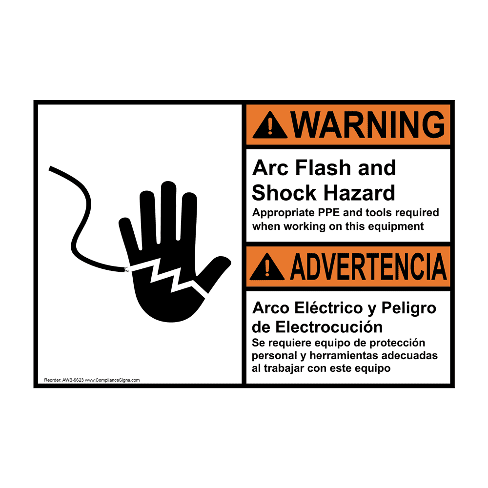 English + Spanish ANSI WARNING Arc Flash and Shock Hazard Appropriate PPE Sign With Symbol