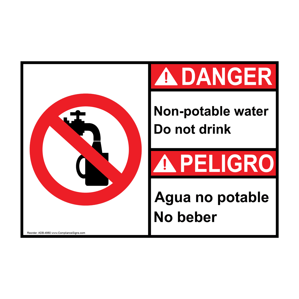 English + Spanish ANSI DANGER Non-Potable Water Do Not Drink Sign With Symbol ADB-4980