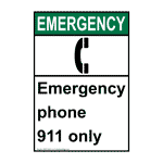 Portrait ANSI EMERGENCY Emergency Phone 911 Only Sign AEEP-9442
