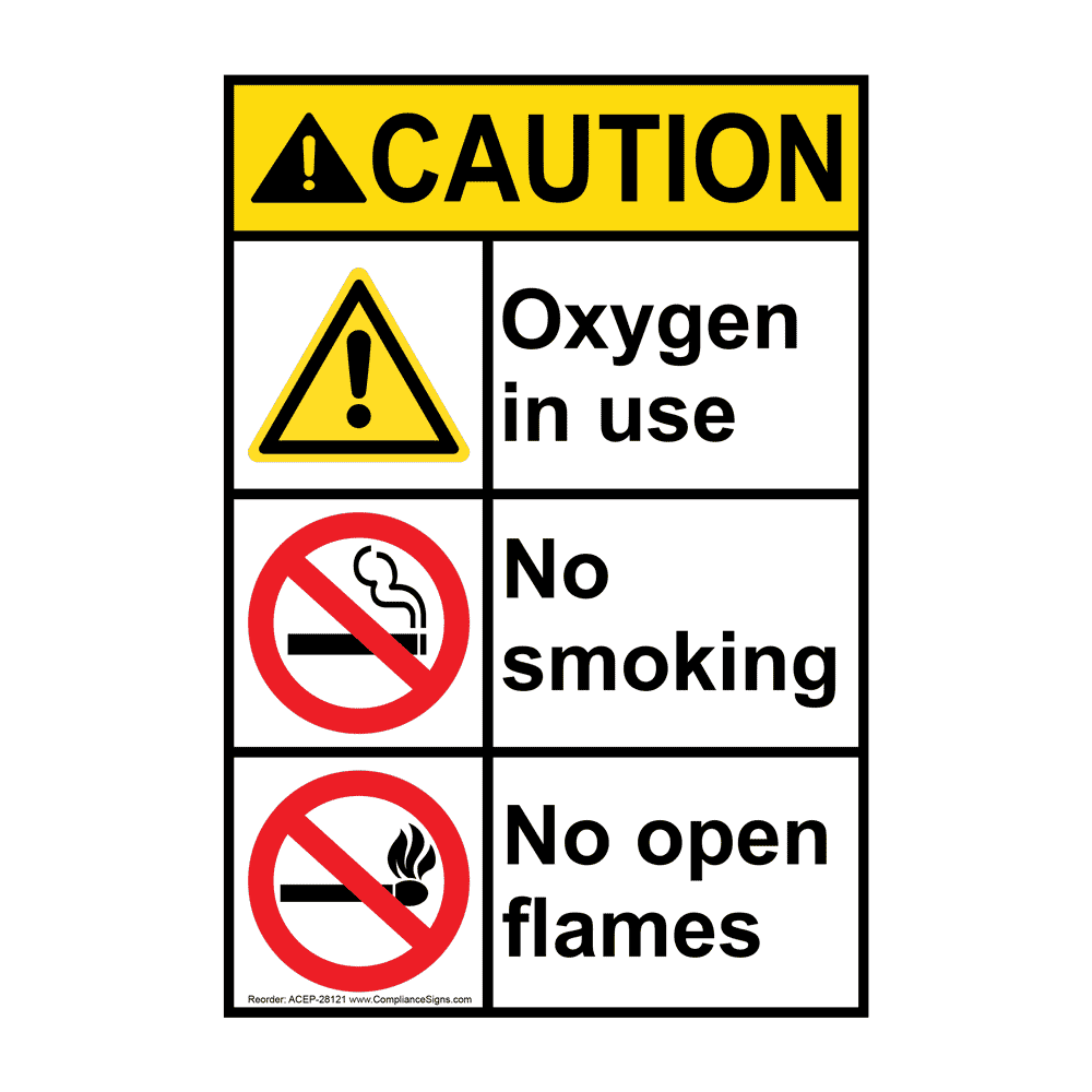 vertical oxygen in use no smoking no open flames sign - ansi caution