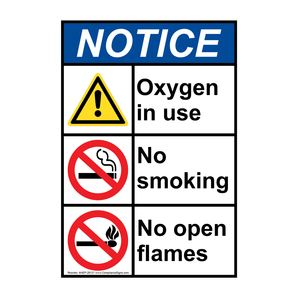 Vertical Oxygen In Use No Smoking No Open Flames Sign ANSI Notice