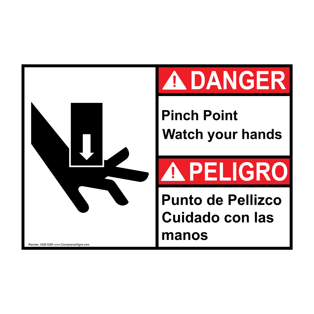 English + Spanish ANSI DANGER Pinch Point Watch Your Hands Sign With Symbol