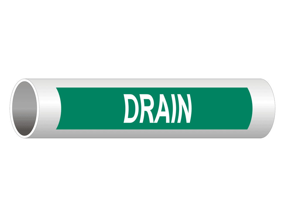 ASME A13.1 Drain White On Green Pipe Label PIPE-23390-WHTonGreen