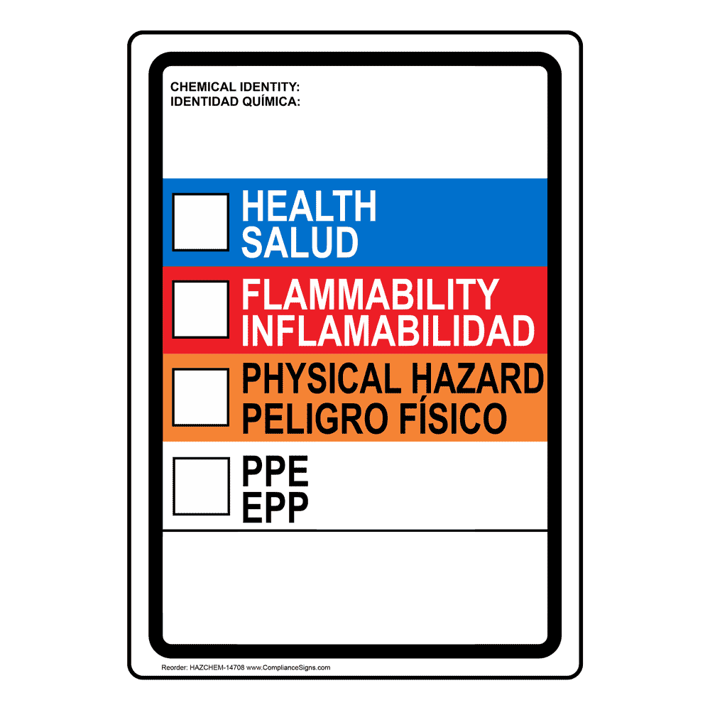 English Vertical Sign - Chemical Identity Health Flammability PPE