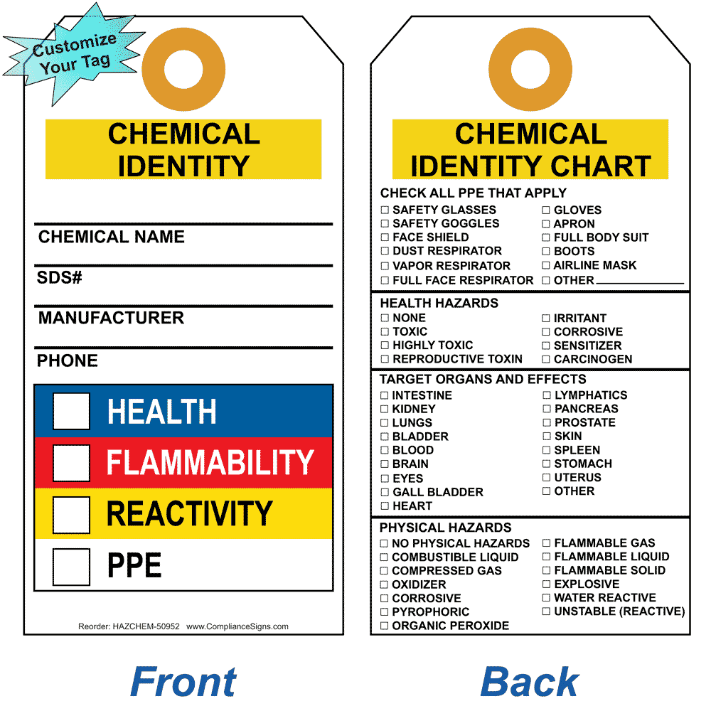 Chemical Safety Tag - Chemical Identity Chemical Name ____ - Plastic
