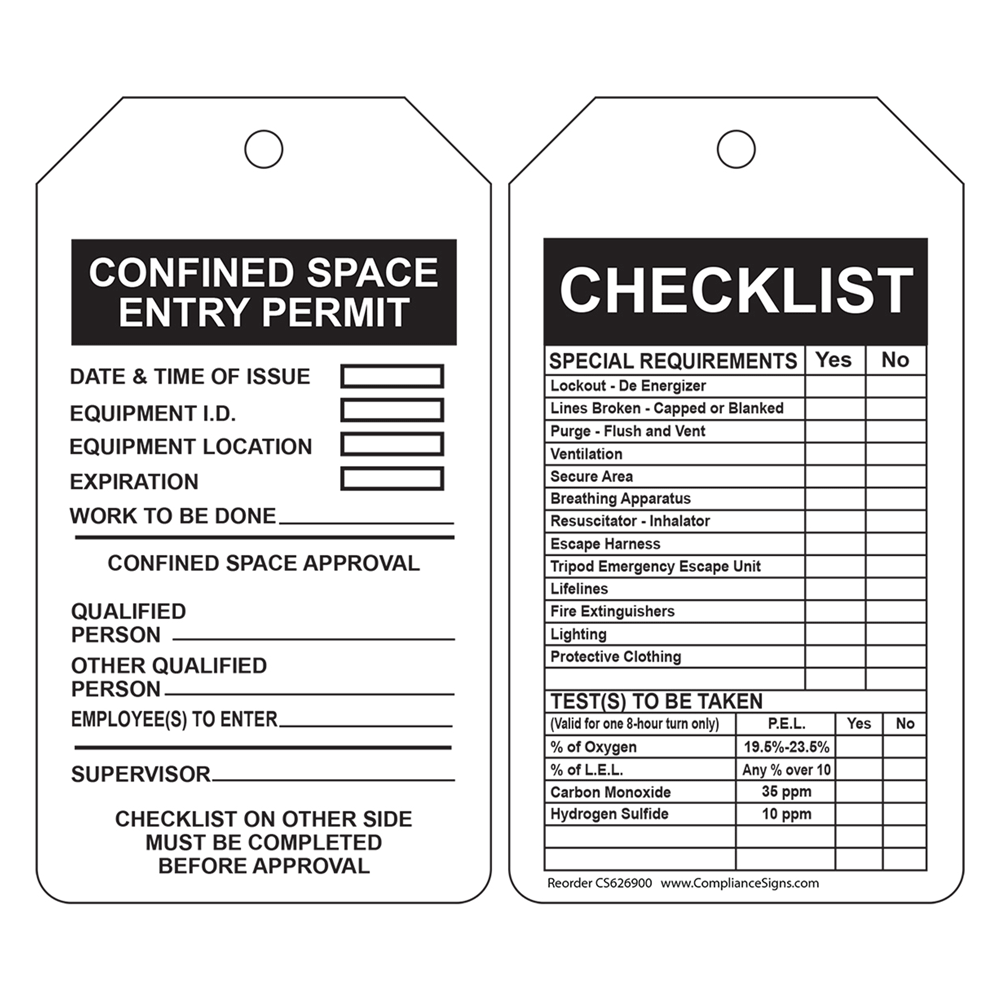 Confined Space Safety Tag Confined Space Entry Permit Checklist