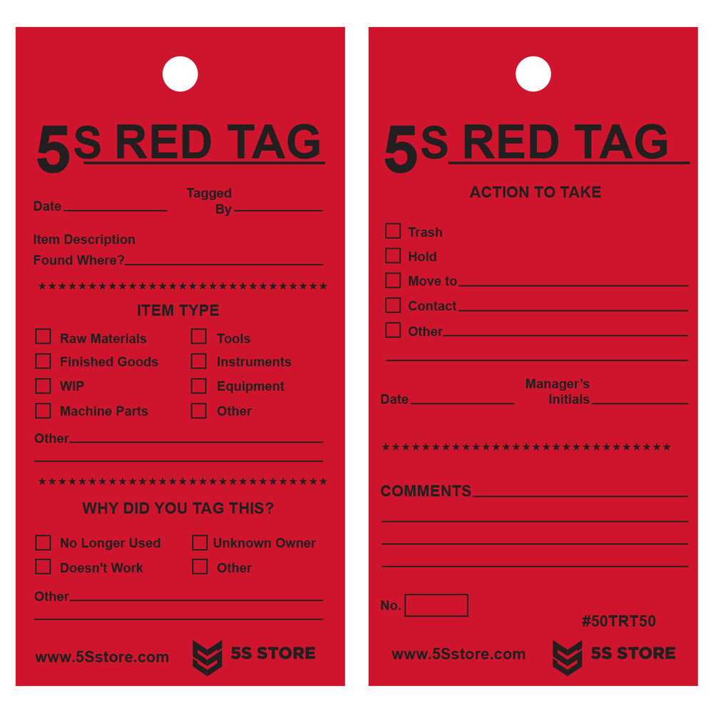5S Red Tags w/12-inch Wire, 50 pk