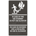 Charcoal Gray ADA Braille IN CASE OF FIRE USE STAIRWAY English + Spanish Sign RRB-230_White_on_CharcoalGray