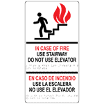White ADA Braille IN CASE OF FIRE USE STAIRWAY English + Spanish Sign RRB-265_MULTI_Black_on_White
