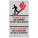 Brushed Silver ADA Braille IN CASE OF FIRE USE STAIRWAY English + Spanish Sign RRB-265_MULTI_Black_on_BrushedSilver