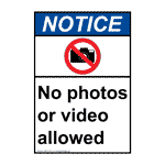 Portrait ANSI NOTICE No Photos Or Video Allowed Sign with Symbol ANEP-4755