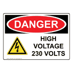 OSHA DANGER High Voltage 230 Volts Sign With Symbol ODE-28594