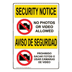 English + Spanish OSHA SECURITY NOTICE No Photos Or Video Sign With Symbol OUB-4755