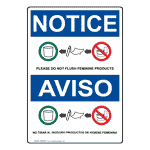 English + Spanish OSHA NOTICE Do Not Flush Feminine Products Sign With Symbol ONB-9577