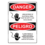 English + Spanish OSHA DANGER Electrical Panel Keep Clear Sign With Symbol