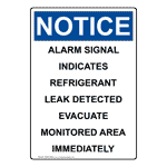 Portrait OSHA NOTICE Alarm Signal Indicates Refrigerant Sign
