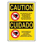 English + Spanish OSHA CAUTION High Magnetic Fields Pacemakers Bilingual Sign With Symbol