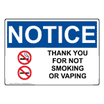 OSHA NOTICE Thank You For Not Smoking Or Vaping Sign With Symbol