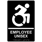 Black Braille EMPLOYEE UNISEX Sign with Dynamic Accessibility Symbol, 9x6 in. Acrylic
