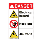 Portrait ANSI DANGER Electrical hazard Keep out 480 volts Sign with Symbol ADEP-28093