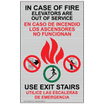 Silver In Case Of Fire Elevators Are Out Of Service Bilingual Sign, 8x5 in. Aluminum