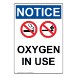 Portrait OSHA NOTICE Oxygen In Use Sign With Symbol ONEP-5139