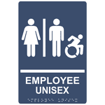 Navy Braille EMPLOYEE UNISEX Restroom Sign with Dynamic Accessibility Symbol, 9x6 in. Acrylic