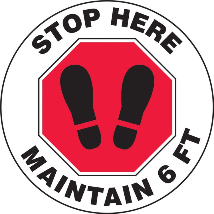 Social Distancing Slip-Gard Floor Sign: Stop Here Maintain 6 ft