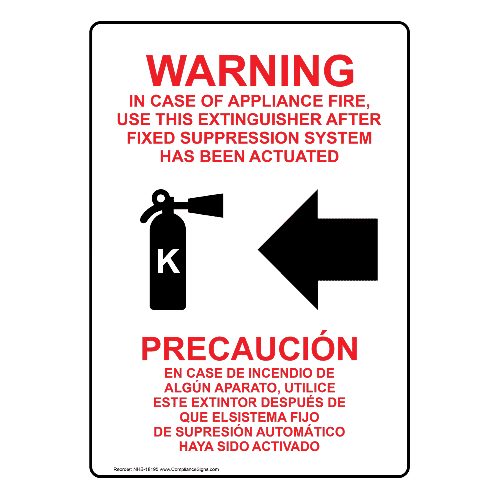 Bilingual Sign - Appliance Fire, Use This Extinguisher (Left Arrow)