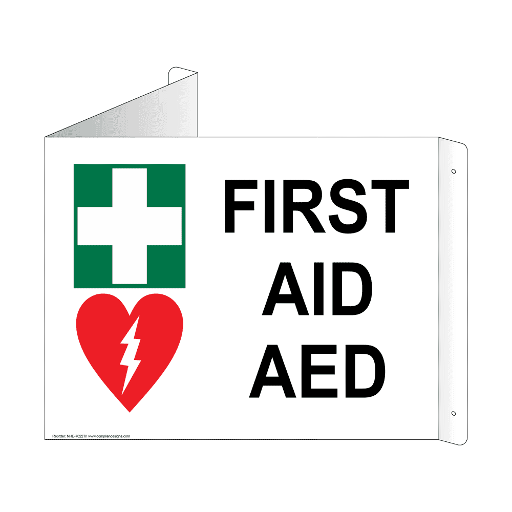 White Triangle-Mount FIRST AID AED Sign With Symbol