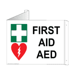 Triangle-Mount First Aid AED Sign With Symbols