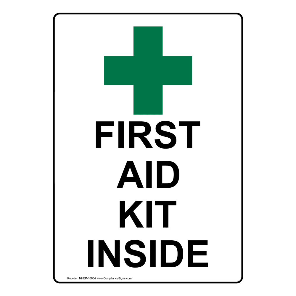 White Vertical First Aid Kit Inside Sign With Symbol