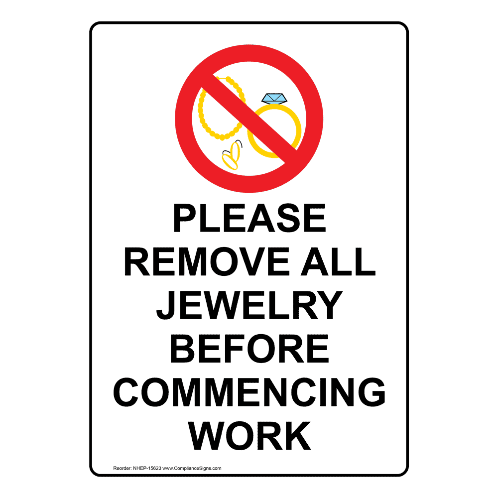 Vertical Sign - Food Prep / Kitchen Safety - Please Remove All Jewelry