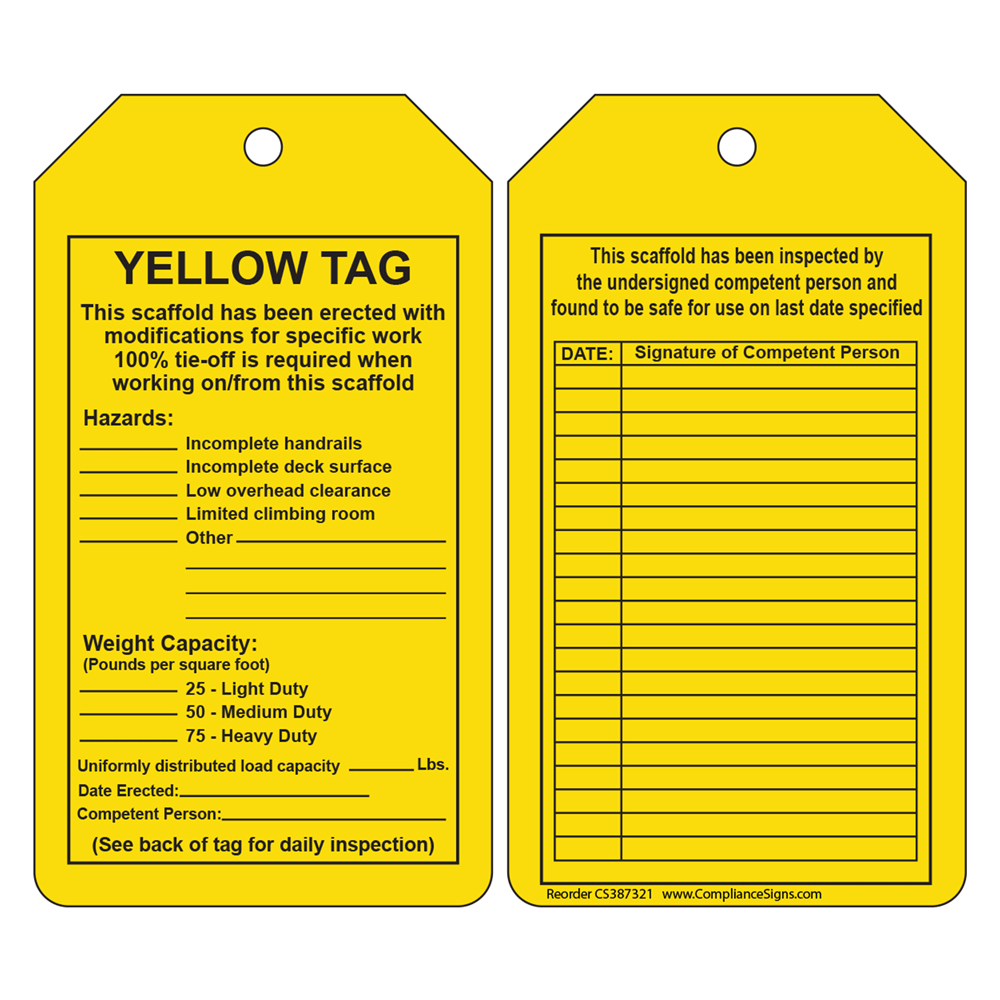 Accuform Scaffold Status Safety Tag TRS208 Yellow Tags 25PK 