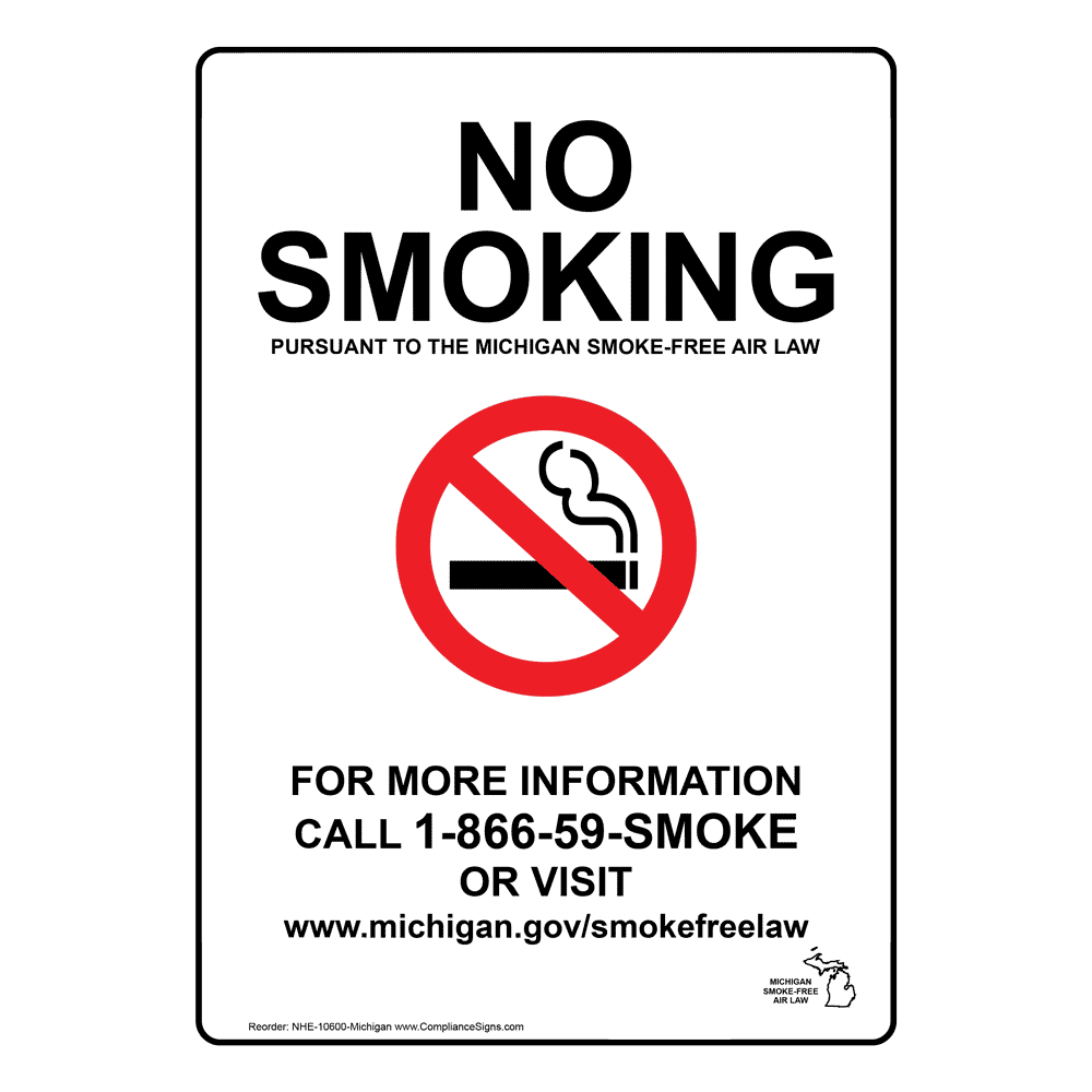 No Smoking SmokeFree Air Law Sign NHE10600Michigan No Smoking