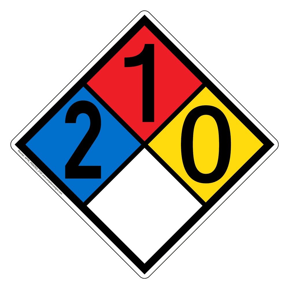 NFPA 704 Diamond Sign with 2-1-0-0 Hazard Ratings NFPA_PRINTED_2100