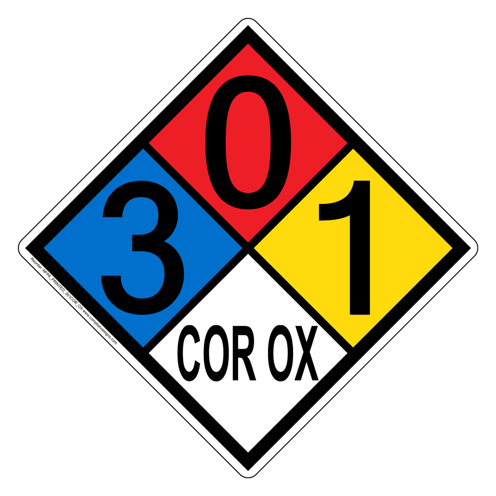 ‪ෆ‪.*・゜ NFPA Diamond 3 0 1 COR OX Hazard Signs | Corrosive Oxidizer